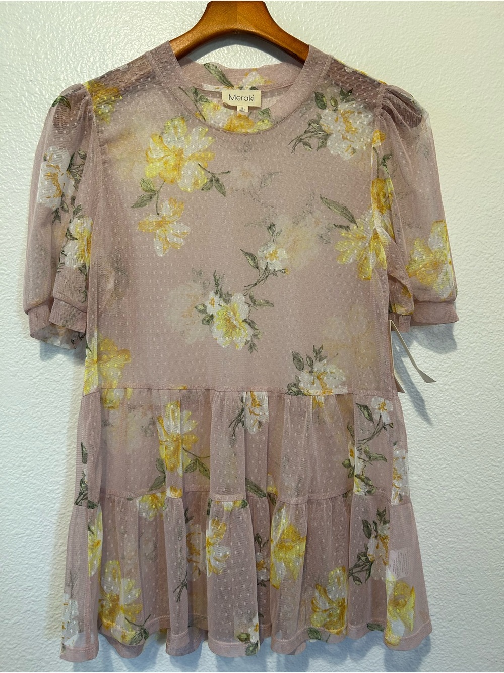 meraki Dusty Rose Floral Tiered Puff-Sleeve peplum with Yellow Blooms